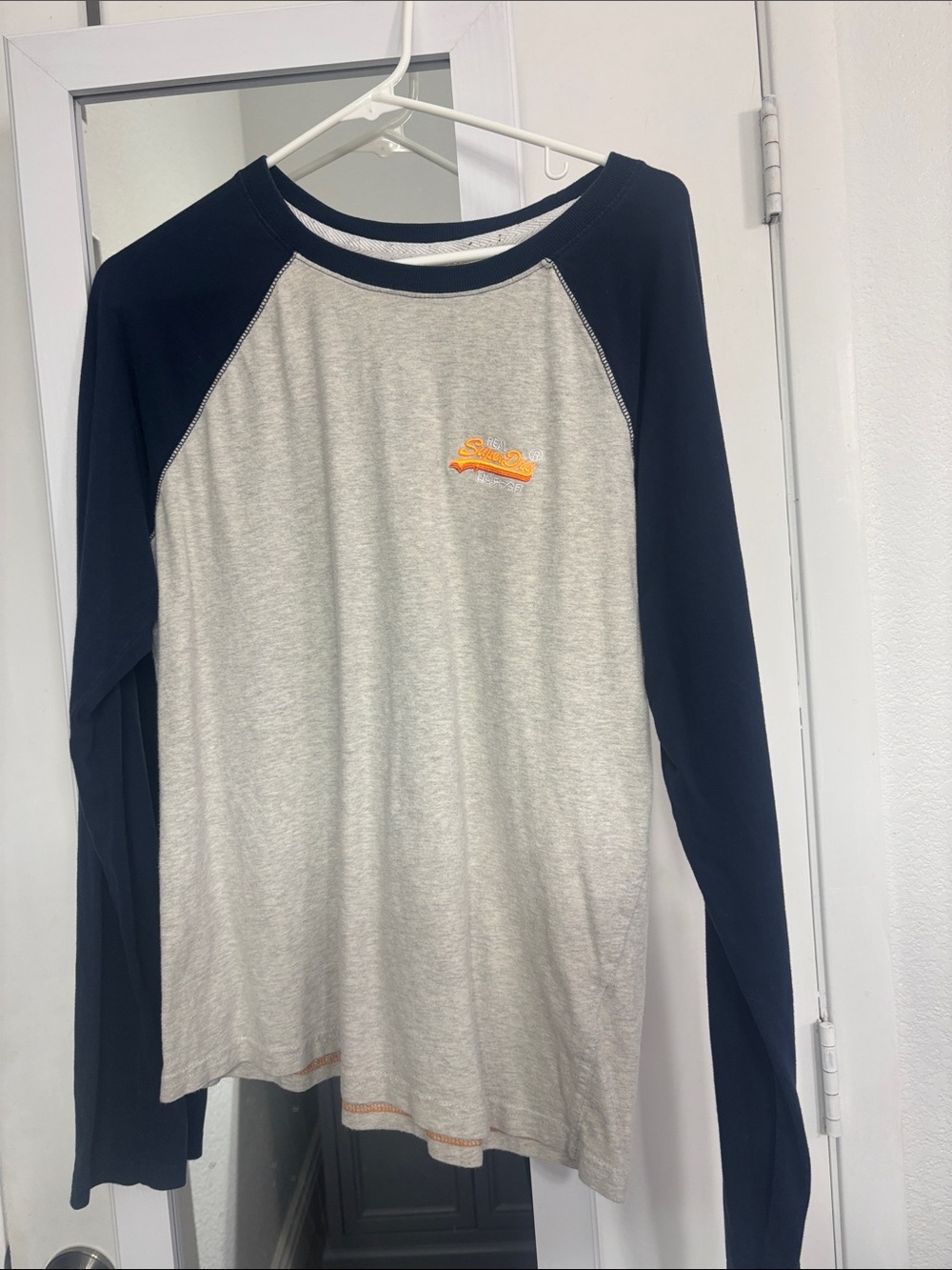 Superdry Grey Tee with Navy Sleeves and Orange Logo